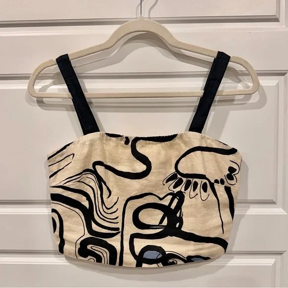 NWT Magaschoni Abstract Cream and Black Crop Top 100% linen SMALL - Picture 3 of 9